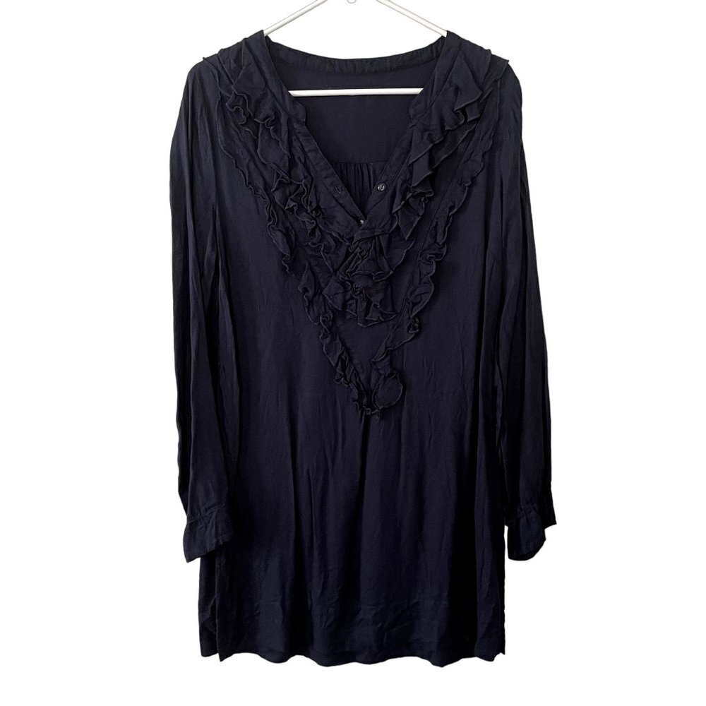Cream Sammie Tunic Dress Medium Navy Blue Women Ruffle V-Neck Viscose